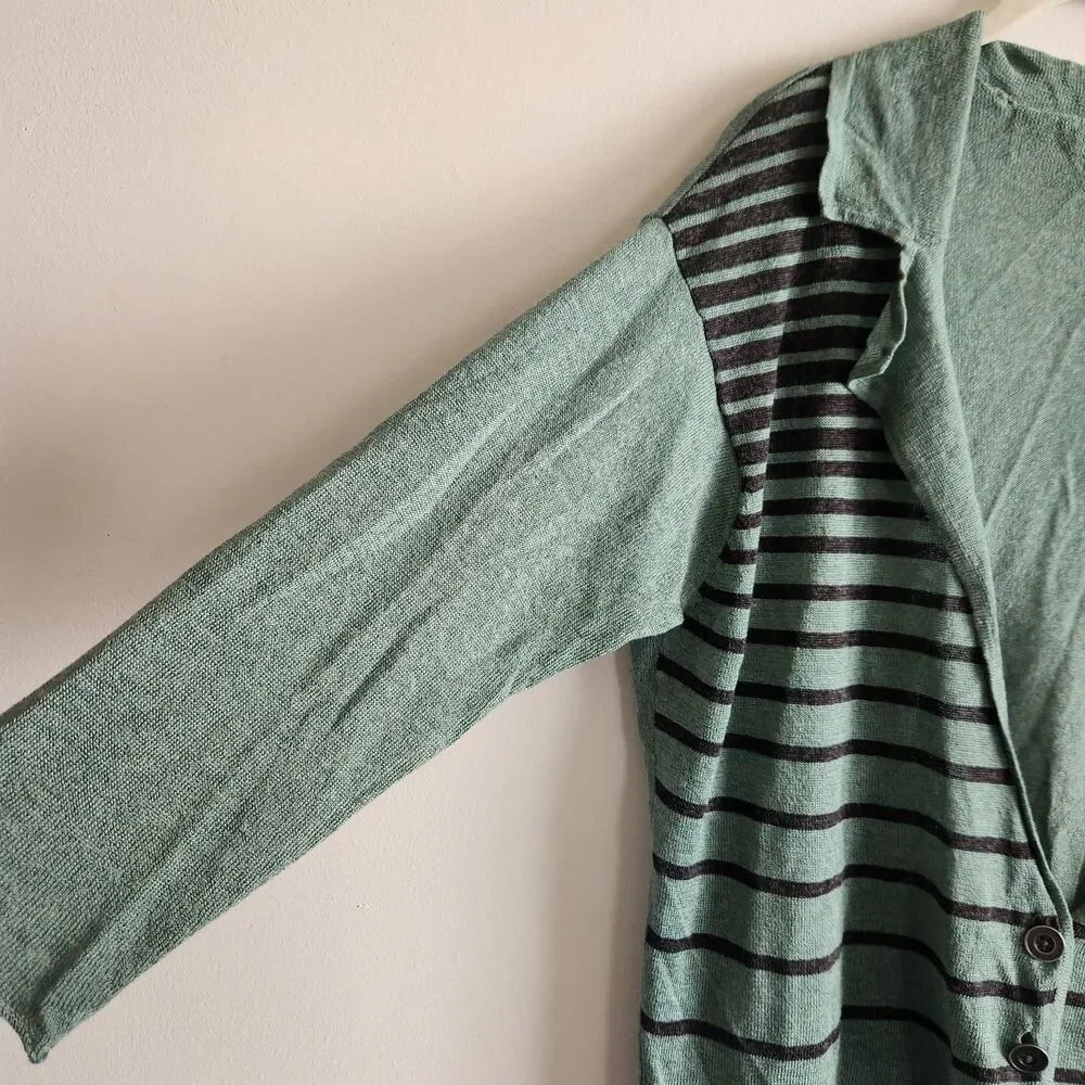 Free People Linen Blend Green Black striped two button cardigan sweater Size L